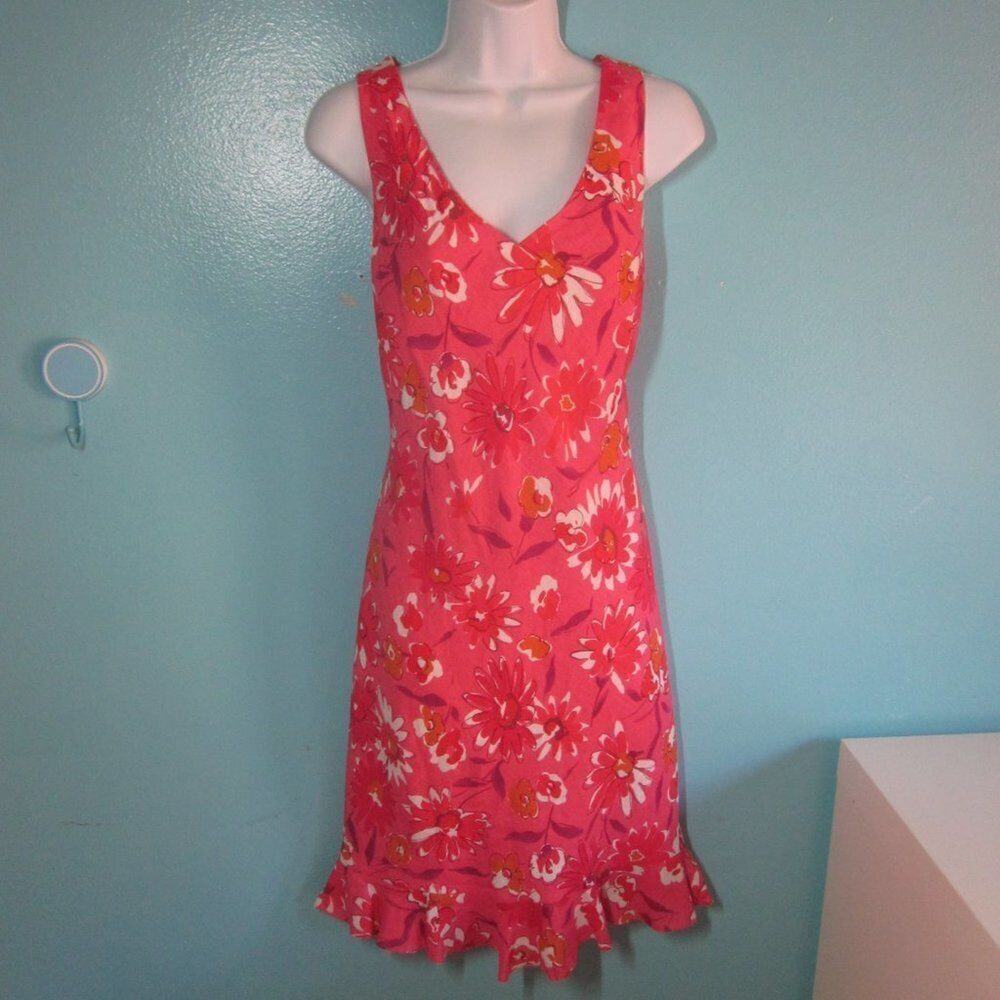 Evan Picone Womens Size 10 Pink Floral Linen Summer Pullover Dress VINTAGE